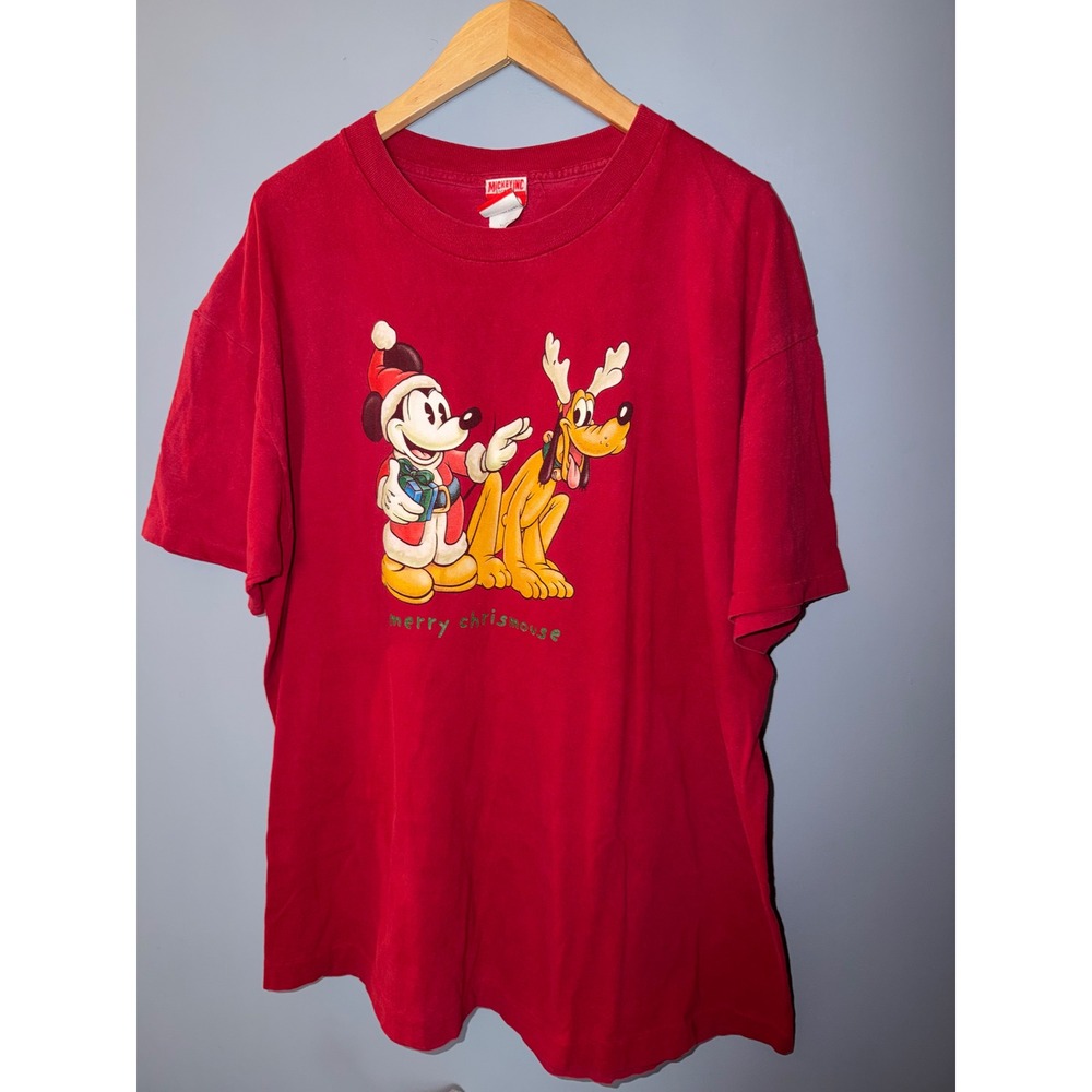 Vintage Mickey Inc Christmas T Shirt Red XL Santa Mickey Pluto 90s Made in USA